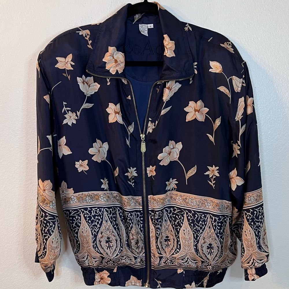 Vintage Coaco Silk Jacket Sz Small Blue Pink Flowers Zip Front Machine Washable